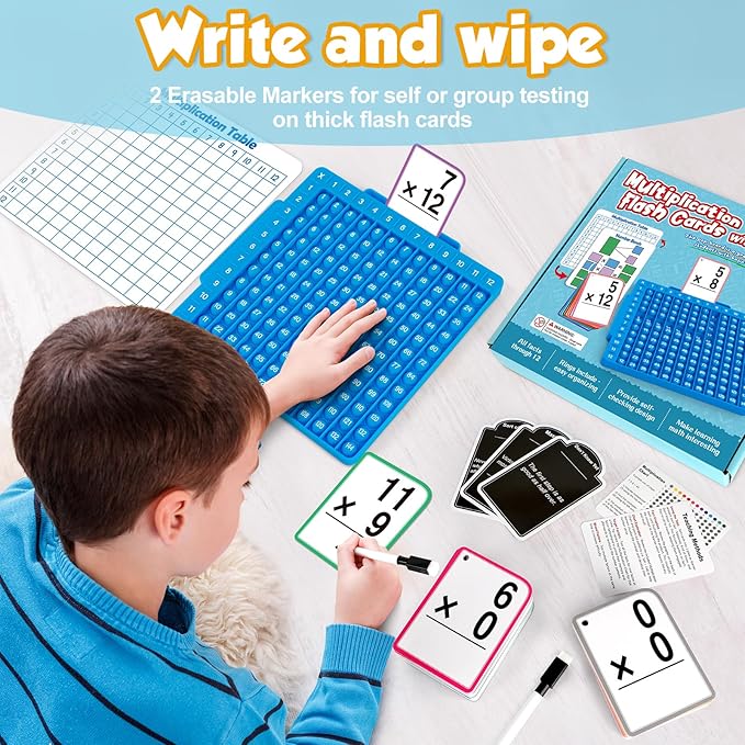 Torlam Multiplication Flash Cards + Math Board, Time Table Chart Flashcards for Kids Ages 6-12, 3rd-6th Grade Classroom Must-Have