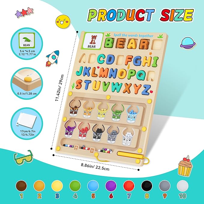 3 IN 1 Double Sided Montessori Toys- Magnetic Color and Number Maze, Toddler Wooden Alphabet Puzzles, Dry Erase Board, Preschool Learning Activities Toys for 3 4 5 6 Years Old Kids Girls Boys