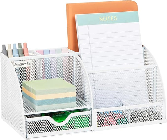 Mind Reader 7-Compartment Desktop Organizer, File & Accessory Storage, Metal Mesh Office Organizer for Desk, Workspace, Mail, White