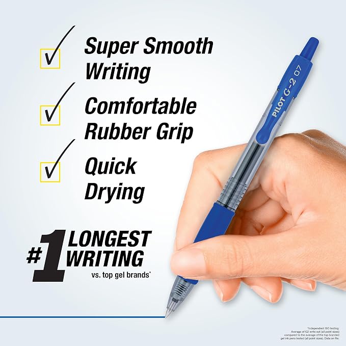 Pilot G2 Premium Gel Roller Pens, 0.7 mm, Blue Ink, Fine Point, Pack of 12 - Ideal for School, Journaling and Office Writing