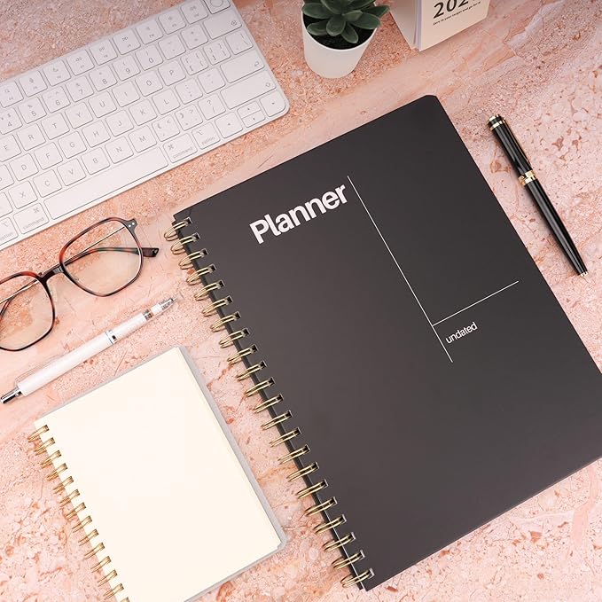 Undated Weekly Planner, 8.5" x 11", Dashboard Layout with Yearly Review, Monthly Calendars, & Weekly To Do List, Spiral Bound Organizer for Work, Study & Life (Black)