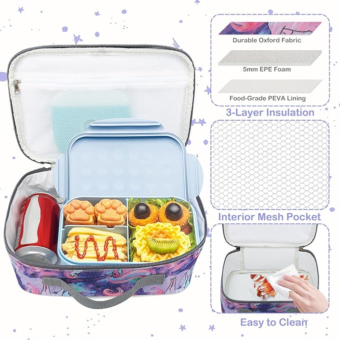 FlowFly Kids Lunch box Insulated Soft Bag Mini Cooler Back to School Thermal Meal Tote Kit for Girls, Boys, Unicorn#2