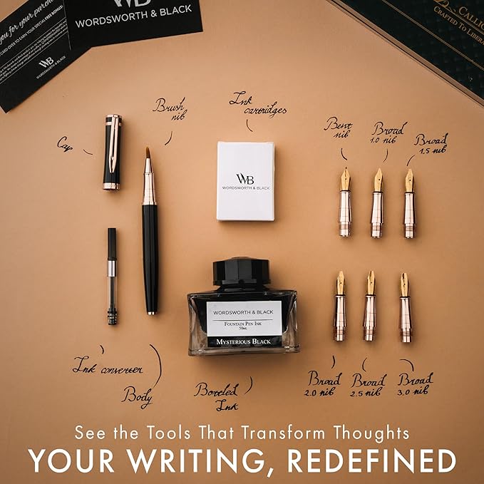Wordsworth & Black Calligraphy Pen Gift Set, Includes Ink Bottle, 6 Ink Cartridges, A Refill Converter, 6 Replacement Nibs, Journaling, Smooth Writing Pens [Black Rose Gold]