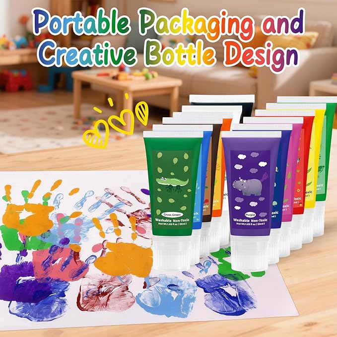 Washable Finger Paint with a Sponge Head, 12 Colors (1.69fl oz/Tube) Non-Toxic, Toddler Painting Set for Kids Boys Girls Gifts, Hand-Painted DIY, Ages 1-3 4 5 6+