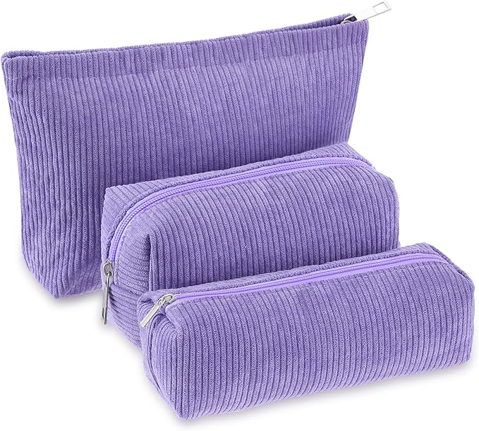 Huhumy 3 Pcs Makeup Bag Set for Women Corduroy Cosmetic Pouch Aesthetic Smile Travel Toiletry Bag Cute Purse Pouch Pencil Case Makeup Brushes Storage Organizer with Zipper(Purple,Solid Style)