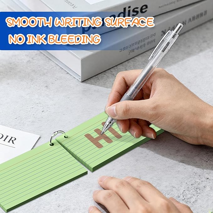 250 Count Colored 3 x 5 Inch Index Cards with Ring, Ruled Flash Cards for Office Use, Portable Note Cards for Study, Thick Flashcards for Home and School