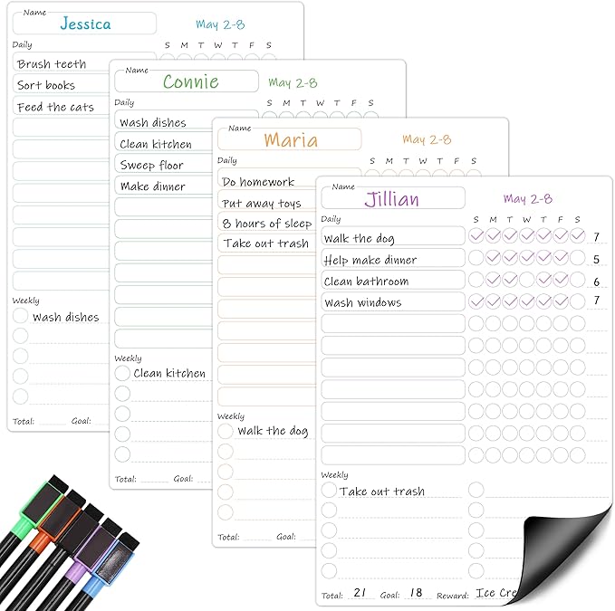 Magnetic Chore Chart for Kids Multiple Kids, 4 Pcs Dry Erase Chore Chart for Adult Teenagers Family Home Daily/Weekly Behavior Chore List Responsibility Reward Chore Board for Refrigerator