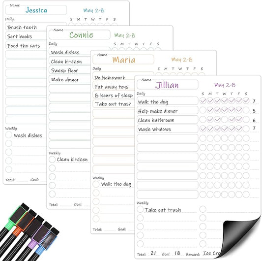Magnetic Chore Chart for Kids Multiple Kids, 4 Pcs Dry Erase Chore Chart for Adult Teenagers Family Home Daily/Weekly Behavior Chore List Responsibility Reward Chore Board for Refrigerator