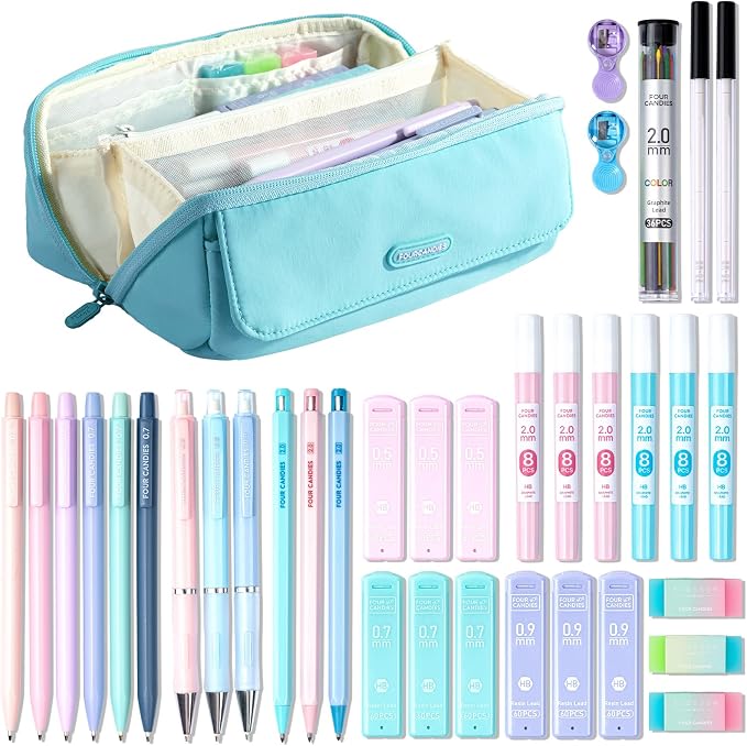 Four Candies 36PCS Mechanical Pencil Set with 624 Lead Refills (Light Blue) | 0.5mm, 0.7mm, 0.9mm & 2.0mm Mechanical Pencils, Aesthetic School Supplies for Writing, Drawing, Drafting and Note-Taking