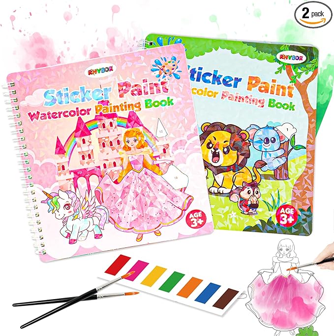 2 In 1 Sticker Paint Books, Animal&Princess Theme Paint Water Coloring Books for Toddlers with 2 Paint Brushes, Mess Free Coloring, Preschool Education, Arts&Crafts Drawing Activities Birthday Gift