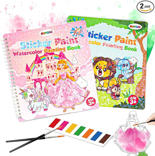 2 In 1 Sticker Paint Books, Animal&Princess Theme Paint Water Coloring Books for Toddlers with 2 Paint Brushes, Mess Free Coloring, Preschool Education, Arts&Crafts Drawing Activities Birthday Gift