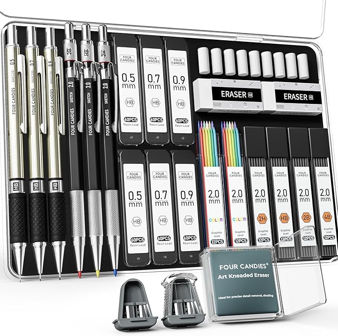 Four Candies 25PCS Mechanical Pencil Set with Case, Art Supplies with Metal Pencil 0.5, 0.7, 0.9 mm & 3PCS 2mm (HB 2H 2B 4B Color) & 432 Graphite Lead Refills, Technical Drawing Kit for Teen & Adults
