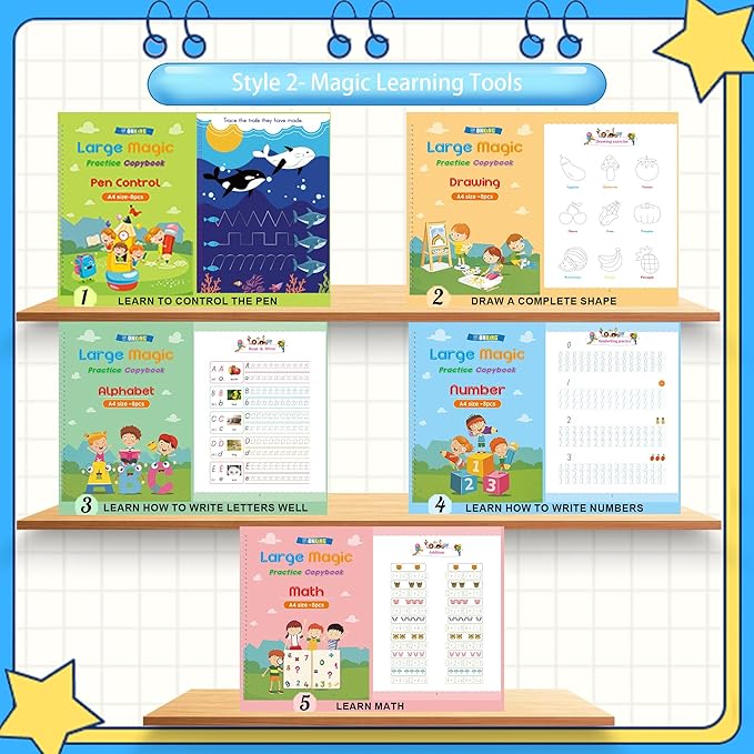 Large Handwriting Magic Grooved Practice Copybook Set: 5-Pack with Wooden Alphabet Tracing Board, Reusable Letter Learning Kit for Kid Age 3-8, Ideal for Kindergarten and Preschool Calligraphy Control