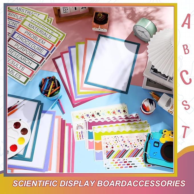 Fuyoooo 90 Pcs Science Fair Board Supplies 60 Trim Scalloped Bulletin Board Borders 24 Presentation Board Subtitles 6 Science Fair Titles for Classroom Display Boards(Classic)