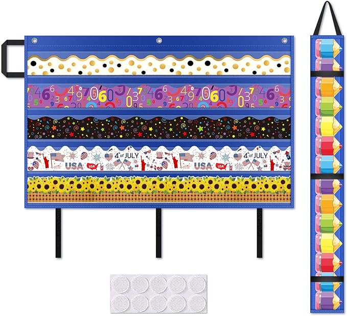 AKAYOK Bulletin Board Borders Storage Pocket Chart - Clear 5 Pocket Chart for Classroom Homeschool Office, Teacher Supplies for Word Wall/Letter Cards/Sentence Strips