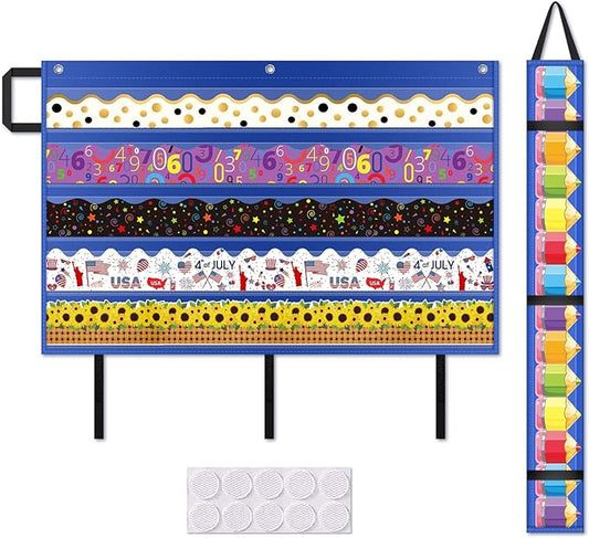 AKAYOK Bulletin Board Borders Storage Pocket Chart - Clear 5 Pocket Chart for Classroom Homeschool Office, Teacher Supplies for Word Wall/Letter Cards/Sentence Strips