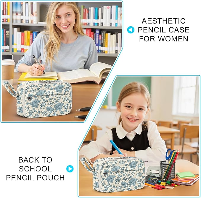 WOBAGMEN Quilted Pencil Pouch for Girls Women, Large Pencil Case Pouch with Compartments Cute Aesthetic Pencil Case Organizer, Floral Pencil Bag for School Supplies (blue floral)