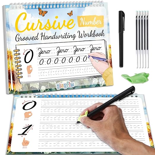 gisgfim Grooved Cursive Handwriting Workbook Magic Reusable Grooved Cursive Handwriting Practice Guided Tracing with Disappearing Ink Pens for Beginners Kids Learning Activities Supplies (Number)