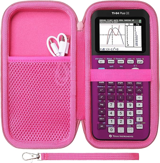 Case for Texas Instruments TI-84 Plus CE/TI-84 Evo/TI 84 Plus/TI-Nspire CX II CAS/TI-Nspire CX II Graphing Calculator, Mesh Pocket for Charging Cables, Pens and Rule(Hot Pink)