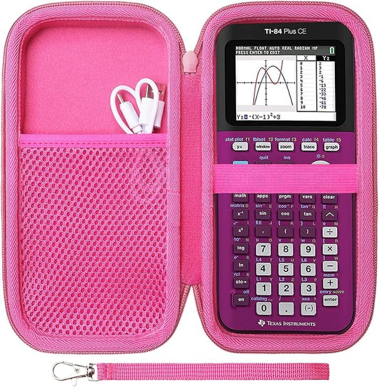 Case for Texas Instruments TI-84 Plus CE/TI-84 Evo/TI 84 Plus/TI-Nspire CX II CAS/TI-Nspire CX II Graphing Calculator, Mesh Pocket for Charging Cables, Pens and Rule(Hot Pink)
