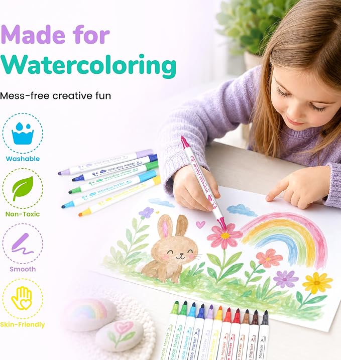 Pagather Washable Markers, 24 Colors Dual Tip Dot & Conical Pens for Kids