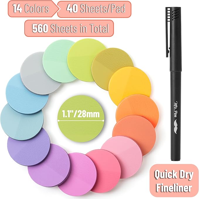 Mr. Pen- Round Transparent Sticky Notes, 1.1” Diameter, 14 Pads, 560 Sheets, Colorful, Water-Resistant See-Through Sticky Notes & Fineliner, Smooth Writing, Note Tabs for Bible Journaling, Studying