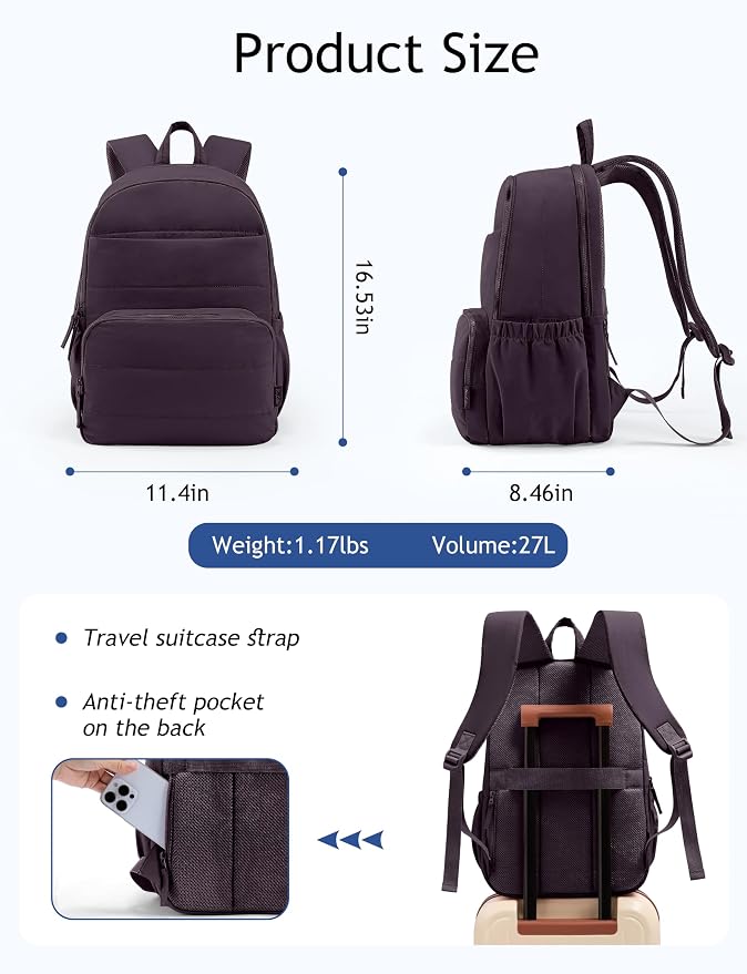 Uselike Travel Backpack for Women, 15.6 Inch Laptop Backpack, Quilted College Bookbag, Cute Work Backpacks, Water Resistant (Dark Purple)