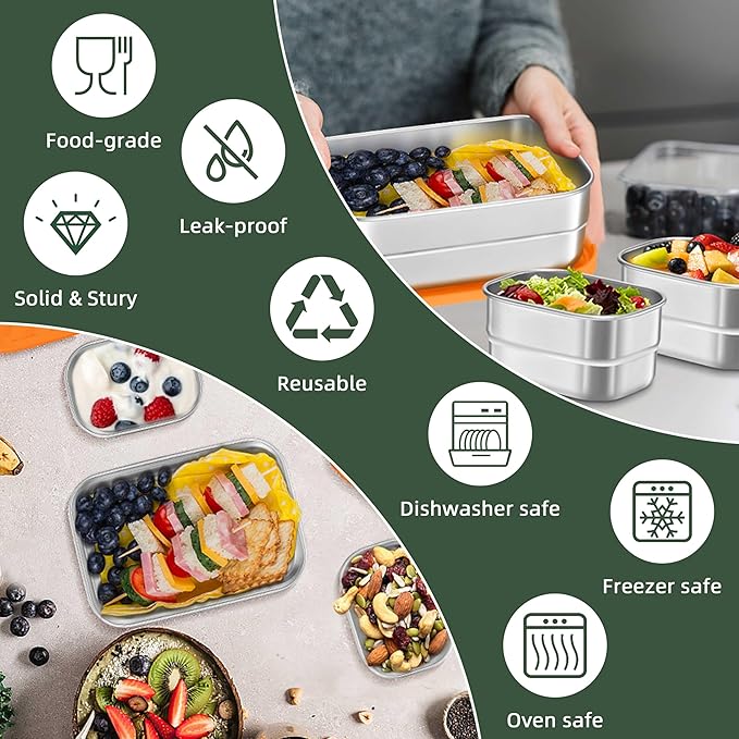 HaWare 8oz*2+25oz Stainless Steel Lunch Containers, Leak Proof Food Storage Snack Containers with Silicone Lids, Portable Sandwich Containers, Easy Open Bento Lunch Box for School Daycare