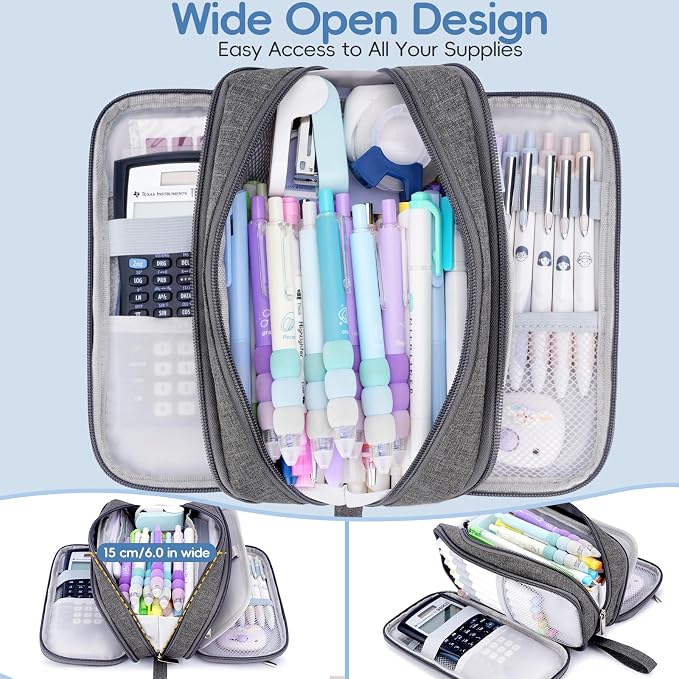 Pencil Case Large Capacity, 3 Compartment Gray Big Pen Pouch with Zipper | Durable Stationery Organizer, Portable Marker Pen Bag for Teens, College and High School Students, Adults and Teachers