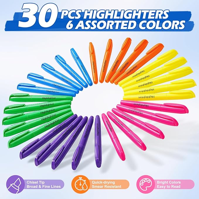 V-Opitos 30 Pack Highlighters in 6 Assorted Colors, No Bleed, Bright With Soft Chisel Tips, Ideal for Office and School Supplies