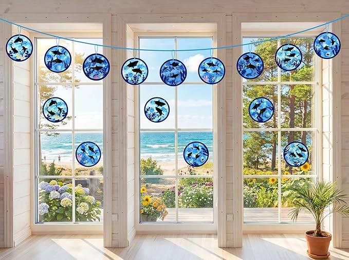 48PCS Summer Crafts: Paper Shark Suncatchers DIY Kits, Window Stained Glass Effect Art Supplies