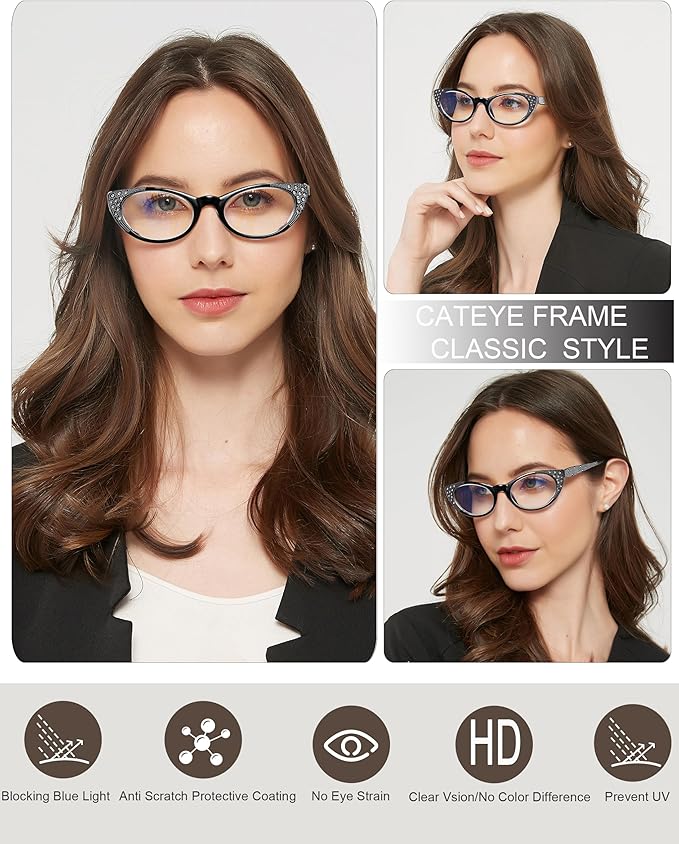 EYEURL 3-Pack Cat Eye Reading Glasses for Women Blue Light Glasses Fashion Computer Readers with Spring Hinge Anti-Glare Readers for Women 1.0