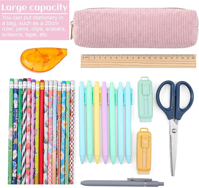 Corduroy Pen Case, Aesthetic Pencil Pouch, Simple Pen Bag with Practical Zip Portable Makeup Bag Stationery Pouch for Women(Pink)