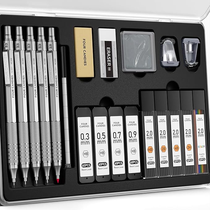 Four Candies Metal Mechanical Pencil Set, 4PCS 0.3, 0.5, 0.7, 0.9MM Mechanical Pencils & 2MM Drawing Pencil with 9 Tubes Lead Refills (4B 2B HB 2H Color) for Student Writing Artist Sketching - Silver