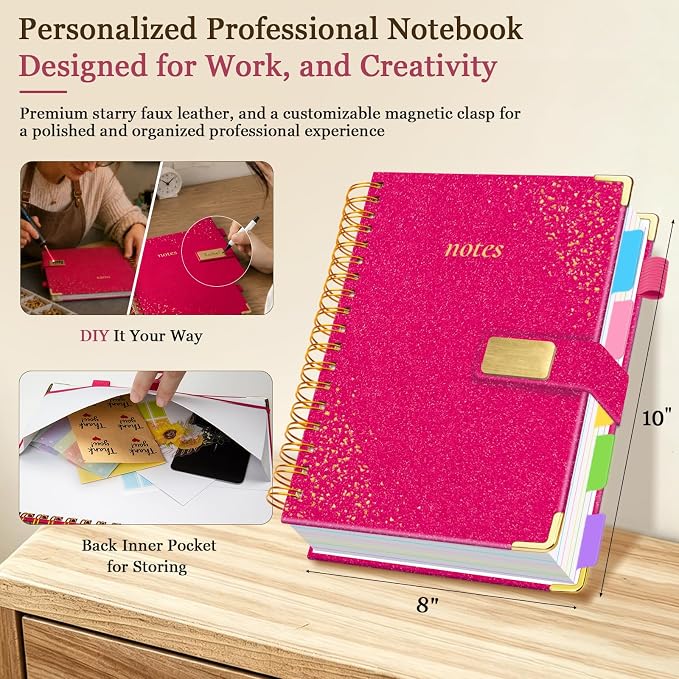 Spiral Notebook Journal 8''x 10'' 5 Subject Notebook with Dividers, 300 Pages Notebook College Ruled with Magnetic Closure, B5 Tabbed Notebooks for Work School, Sparkle Journal for Women (Rose Red)