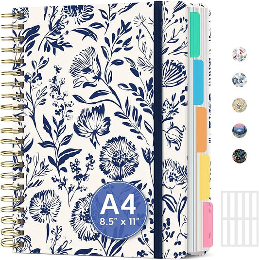 Large Lined Spiral Journal for Women Cute Hardcover 5 Subject Notebook for Work 8.5" x 11" with Removable Dividers & Tabs, College Ruled, 280 Pages Aesthetic Journal for Work, School & Note Taking, Blue Filigree