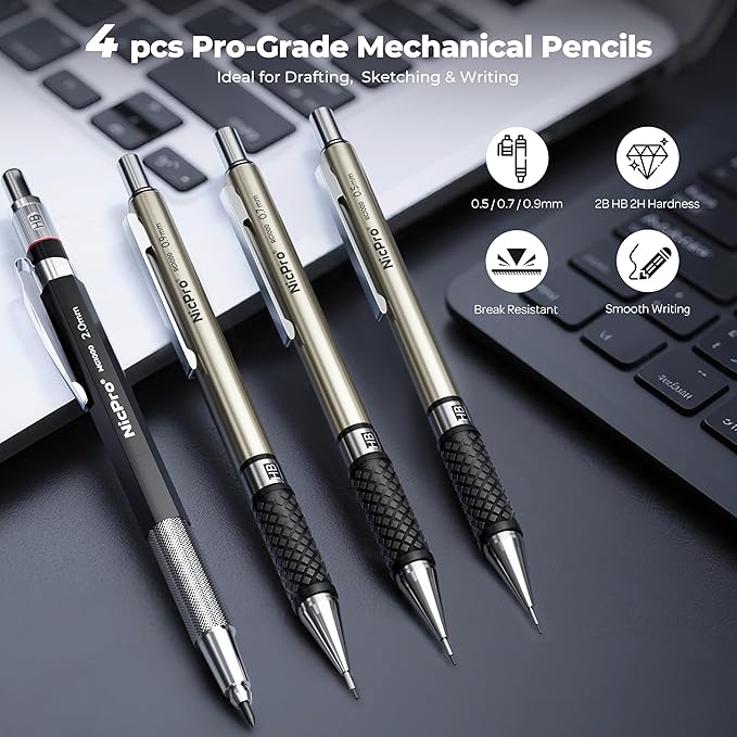 Nicpro 16PCS Drafting Tools with 12‘’ Aluminum Architectural Scale Ruler, Mechanical Pencils 0.5, 0.7, 0.9 & 2mm, Lead Refills, 2 Pack Graph Paper, Geometry Drawing Kit for Engineers Students Design