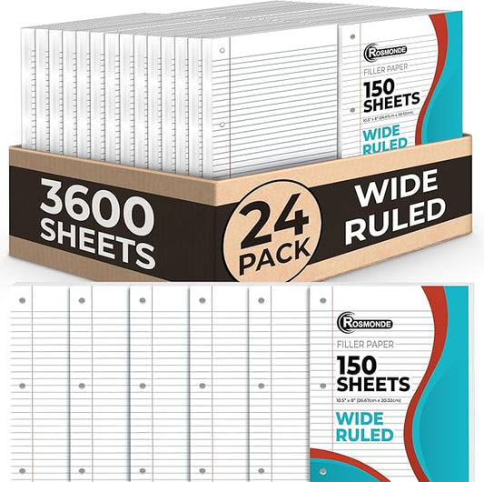 Rosmonde Loose Leaf Paper, 3600 Sheets Bulk, Wide Ruled Filler Paper, 8 x 10.5 Inch, 150 Sheets/Pack, 3 Hole Punched Binder Paper, 24 Pack, Bulk Notebook Paper for School, College & Office Use