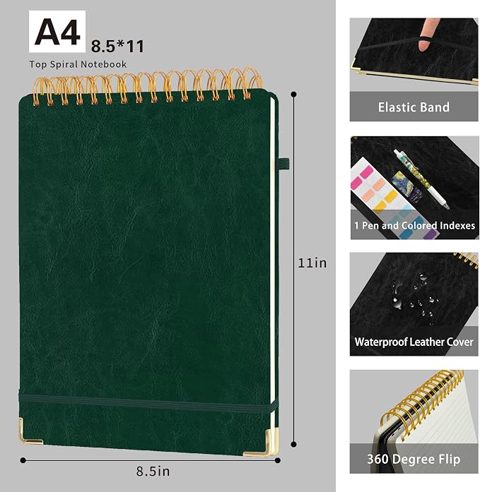 Top Spiral Notebook 8.5x11, A4 Large Leather Hardcover Top Bound Steno Pads, 240 Pages 100gsm Thick Lined Paper,Wide Ruled,Left Handed Notebook Journal for Work, School - Green