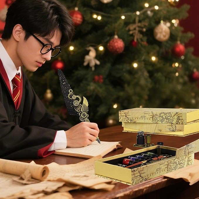 Feather Pen and Ink Set Calligraphy Kit for Beginners with Quill Pen, Antique Vintage Stationary Set for Writing, Signing & Hand Lettering Art(Black feather)