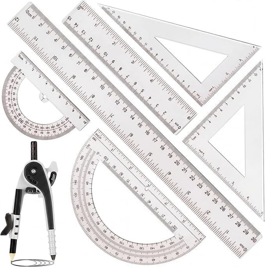Zonon 1 Set Plastic Geometry Math Set 7 Pcs Includes 6'' / 4 '' Protractor, Drawing Compass, 45/60 Degree Triangle Rulers, 12'' / 6'' Math Ruler Transparent for Office Supplies(Clear)