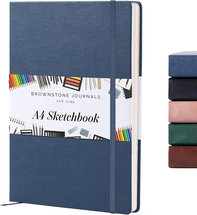 BROWNSTONE JOURNALS A4 Sketch Book Hardcover - 80 Sheets 100 GSM Paper 8.5"x11.5", Lay Flat, Vegan Leather Cover, Elastic Band, Back Pocket, Art Drawing Book (Symphony Blue)