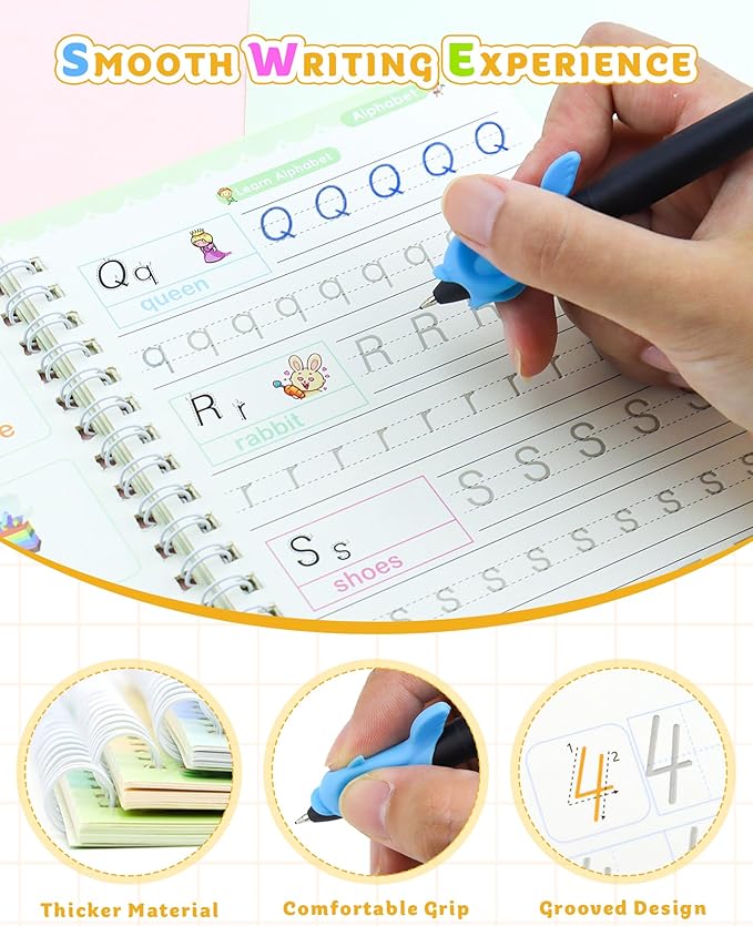 Magic Practice Copybook, Reusable Writing Practice Book, Handwriting Aid for Preschool Kids Age 3-8 (4 Books with Pens)