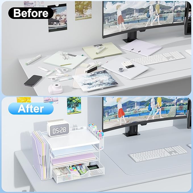 gianotter Wood Desk Organizers and Accessories with File Holder, 4-Tier Desk Accessories & Workspace Organizers with Drawer and 2 Pen Holder, Desk Reference Organizer (White, 4T with Metal Drawer)