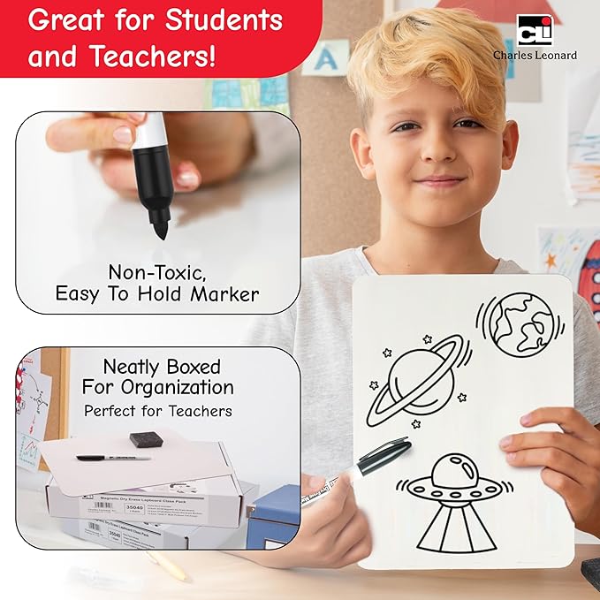Charles Leonard Dry Erase Board Class Pack - Includes 12 Plain/Lined 2-Sided Boards, 12 Erasers and 12 Black Markers, in a Re-Useable Box (35030)