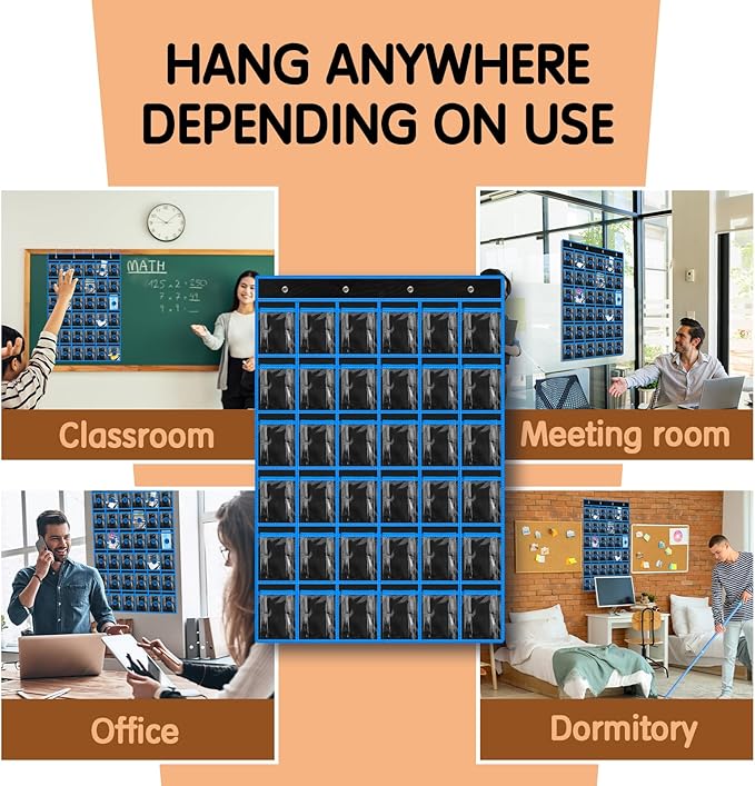Kotkn 36 Pocket Charts for Classroom Cell Phones, 36 Clear Pocket Charts with Numbered Stickers, Classroom Hanging Cell Phone Organizer, Hangs on Wall, Door Storage Hooks (Black)
