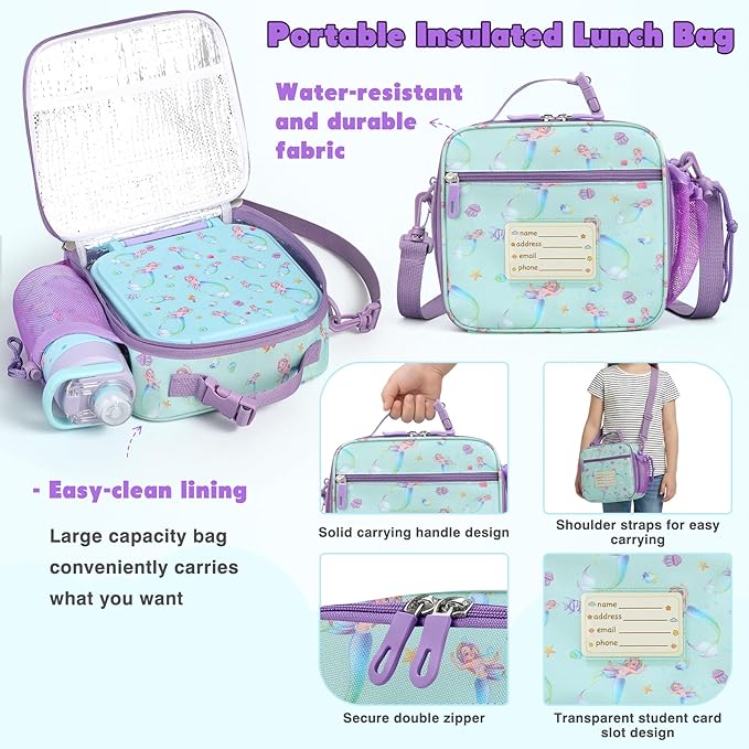 Bento Lunch Box for Kids with 7oz Soup Thermo,Insulated Stainless Steel Kids Water Bottle with Straw and Insulated Lunch Bag,Leak-Proof Lunch Food Container with Ice Pack for School (Purple-Mermaid)