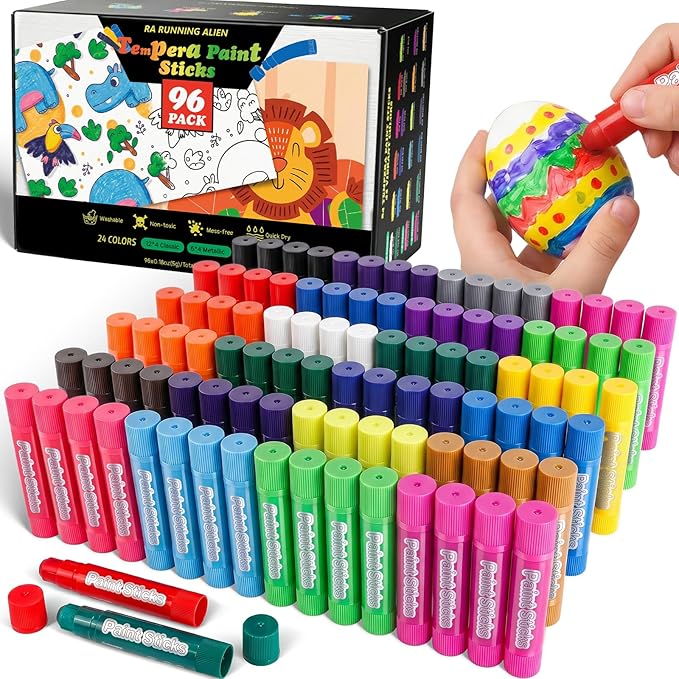 96 Pack Tempera Paint Sticks,24 Colors Non Toxic Solid Paint Sticks for Kids,No Mess,Quick Drying,Smooth and Washable Toddler Crayons,Works Great on Paper,Wood,Glass,Ceramic,Canvas