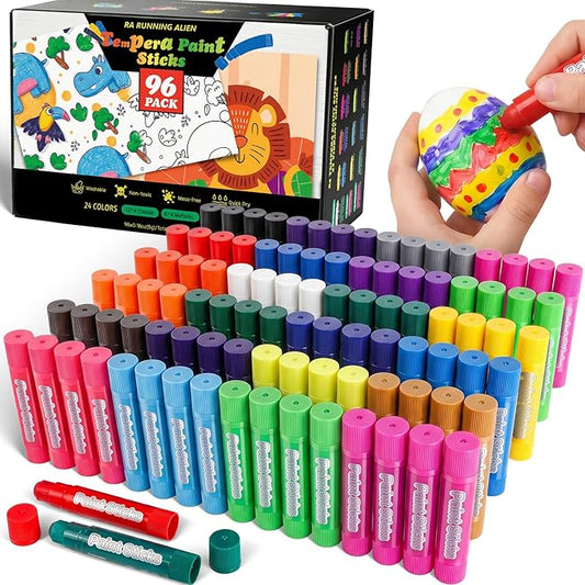96 Pack Tempera Paint Sticks,24 Colors Non Toxic Solid Paint Sticks for Kids,No Mess,Quick Drying,Smooth and Washable Toddler Crayons,Works Great on Paper,Wood,Glass,Ceramic,Canvas