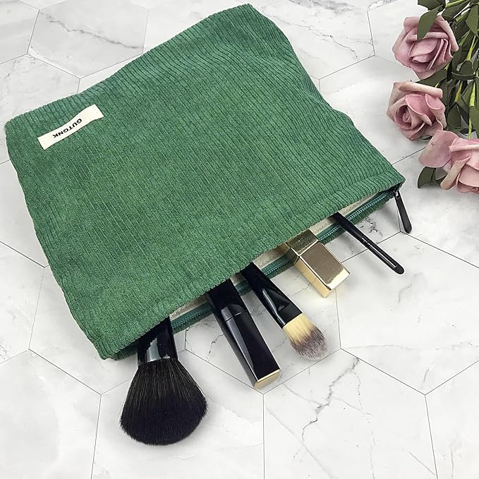 GUTGNK Corduroy Ladies Cosmetic Bag, Large Capacity Canvas Cosmetic Bag Travel Toiletry Bag Accessories Organizer, Grass Green